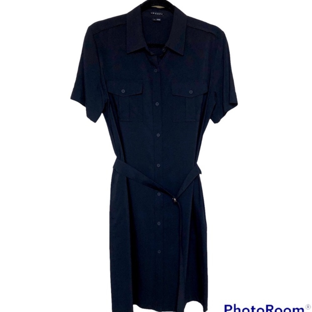 New Theory Shirt Midi Dress Belted Viscose/Wool Size 8